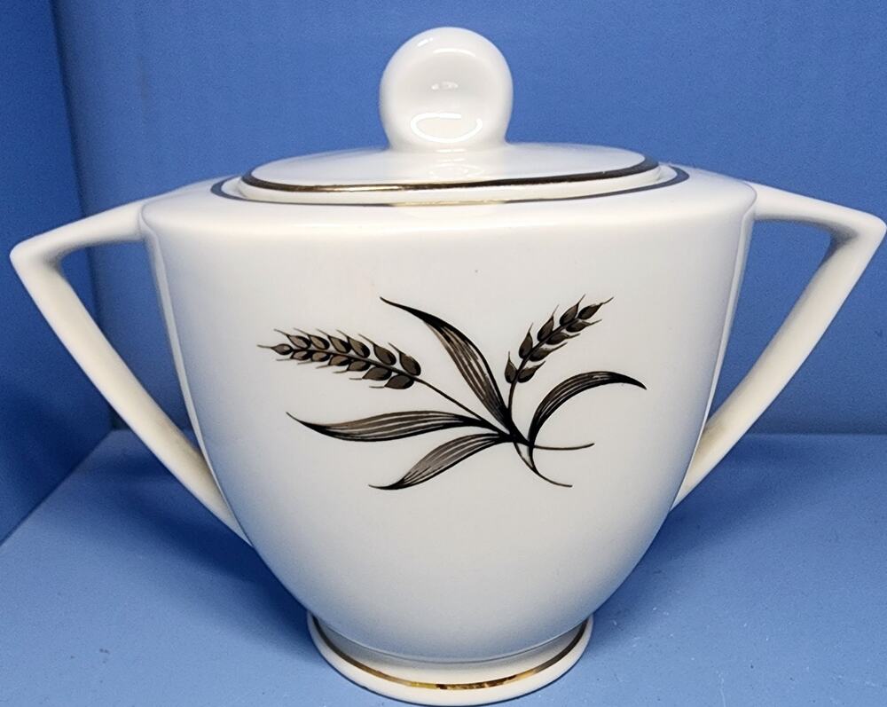 EMBASSY USA Vitrified Gold Black Wheat Pattern Sugar Bowl & Lid Pointed Handles